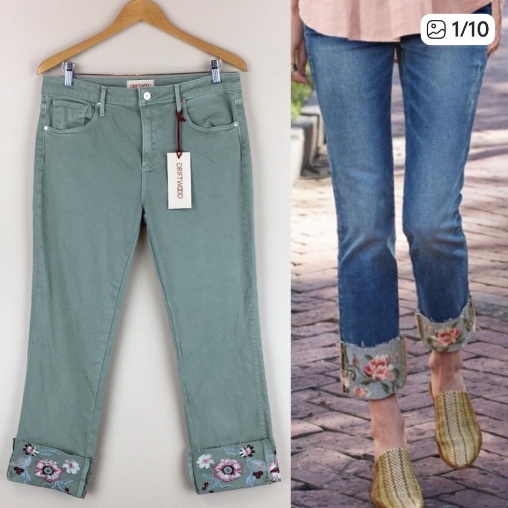 DRIFTWOOD Colette SAGE Color Jeans with Floral Embroidery, 32